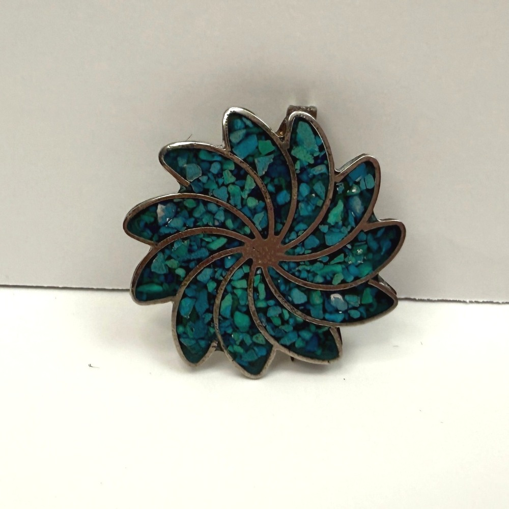 Vintage Alpaca Mexico Brooch Silver Inlaid Turquoise Flower Lapel Jewelry 1 in